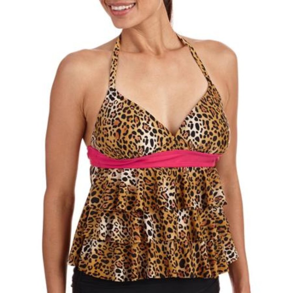 x Tankini Top Animal Print Halter Flyaway Back Tiered Ruffles Waterfall MEDIUM